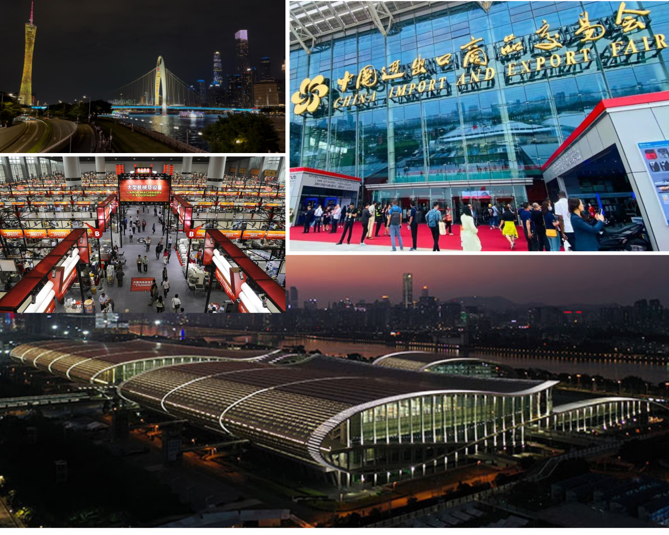 Fotos da Canton Fair: Guangzhou à noite, entrada do pavilhão, corredores de expositores e complexo da feira